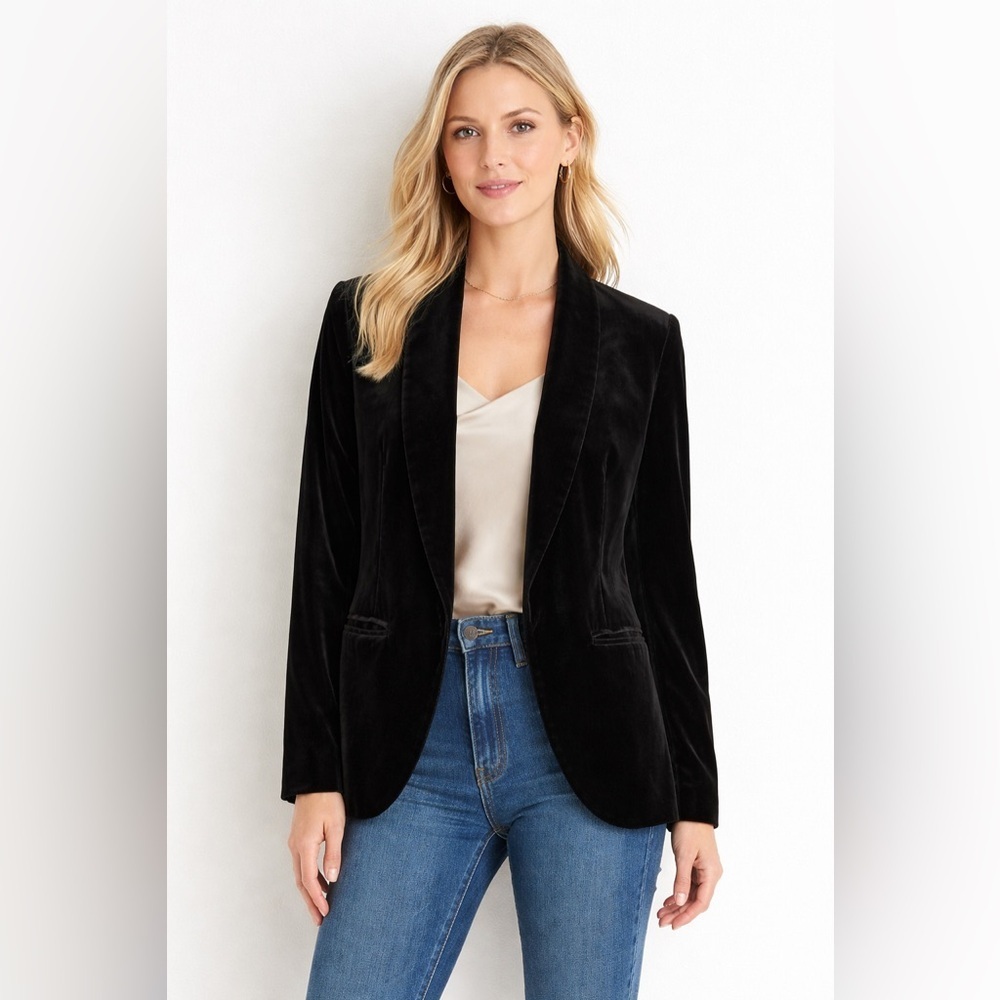 Garnet Hill Black Velvet Blazer Jacket Open Front Size 0